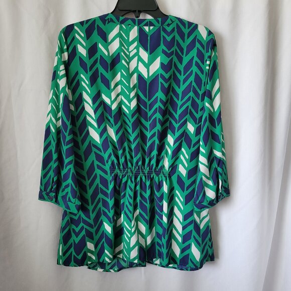Coldwater Creek Blouse Sz Large 14 Pleated 3/4 sleeve button front green blue - Picture 11 of 14